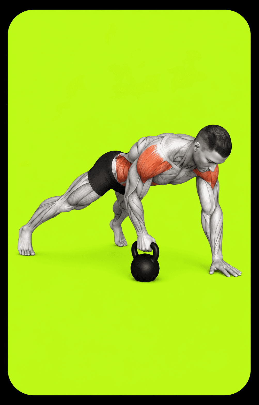 An anatomical illustration of a person in a high plank dragging a kettlebell under their torso.