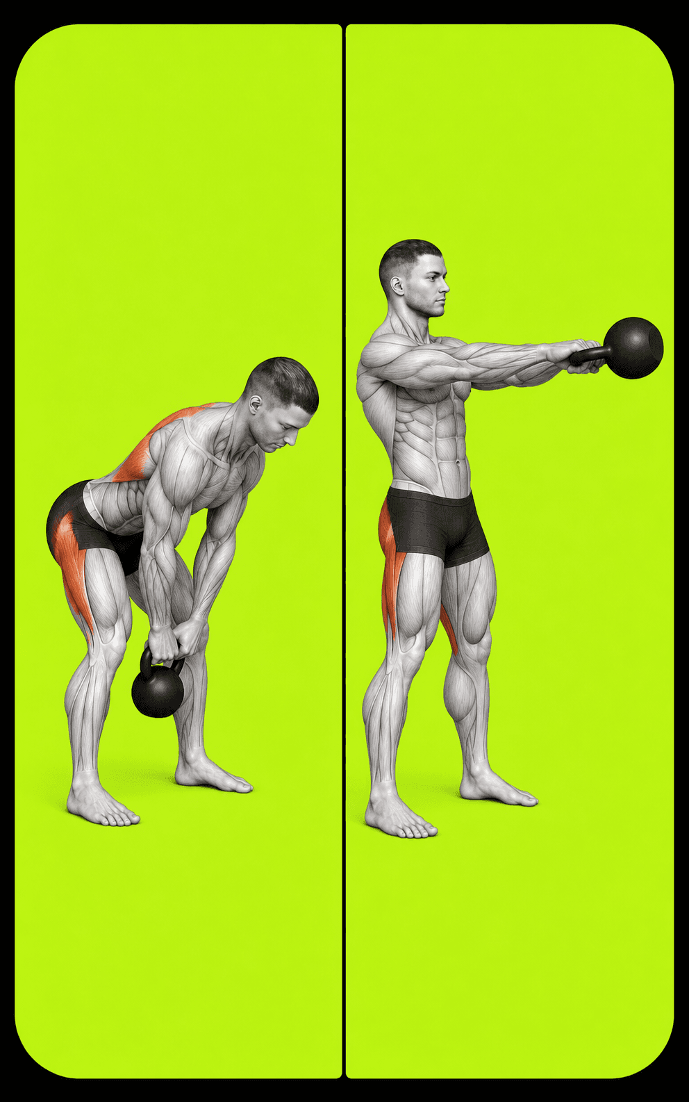 Two instructional phases of a two-hand kettlebell swing: a loaded hip hinge and a chest-height float.