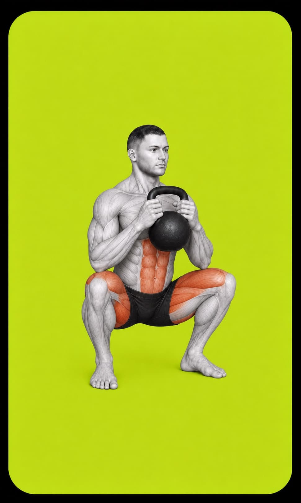 The controlled bottom position of a kettlebell goblet squat.