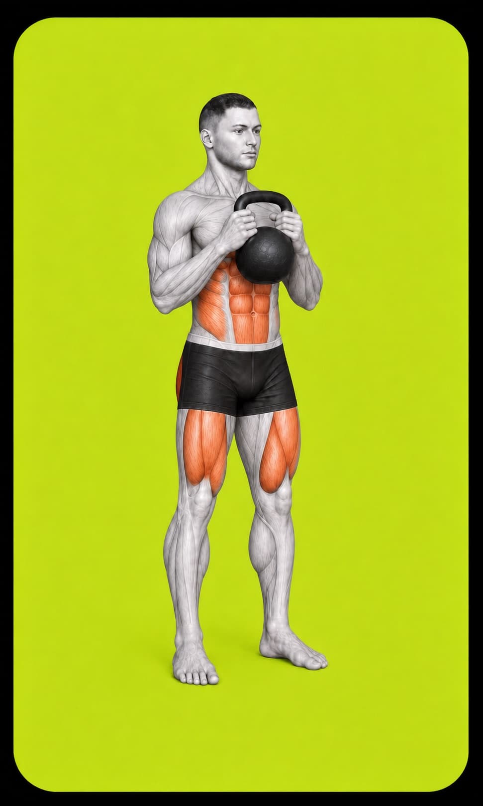 The tall starting position of a kettlebell goblet squat.