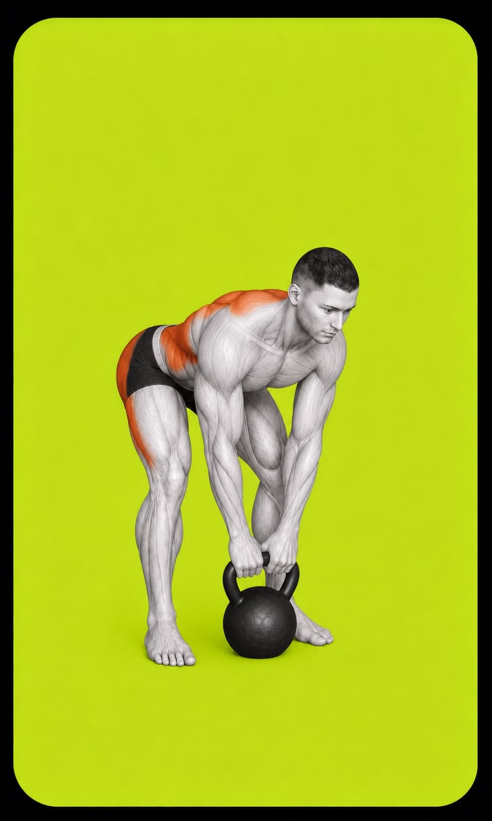 The long-spine hip-hinge setup of a kettlebell deadlift.