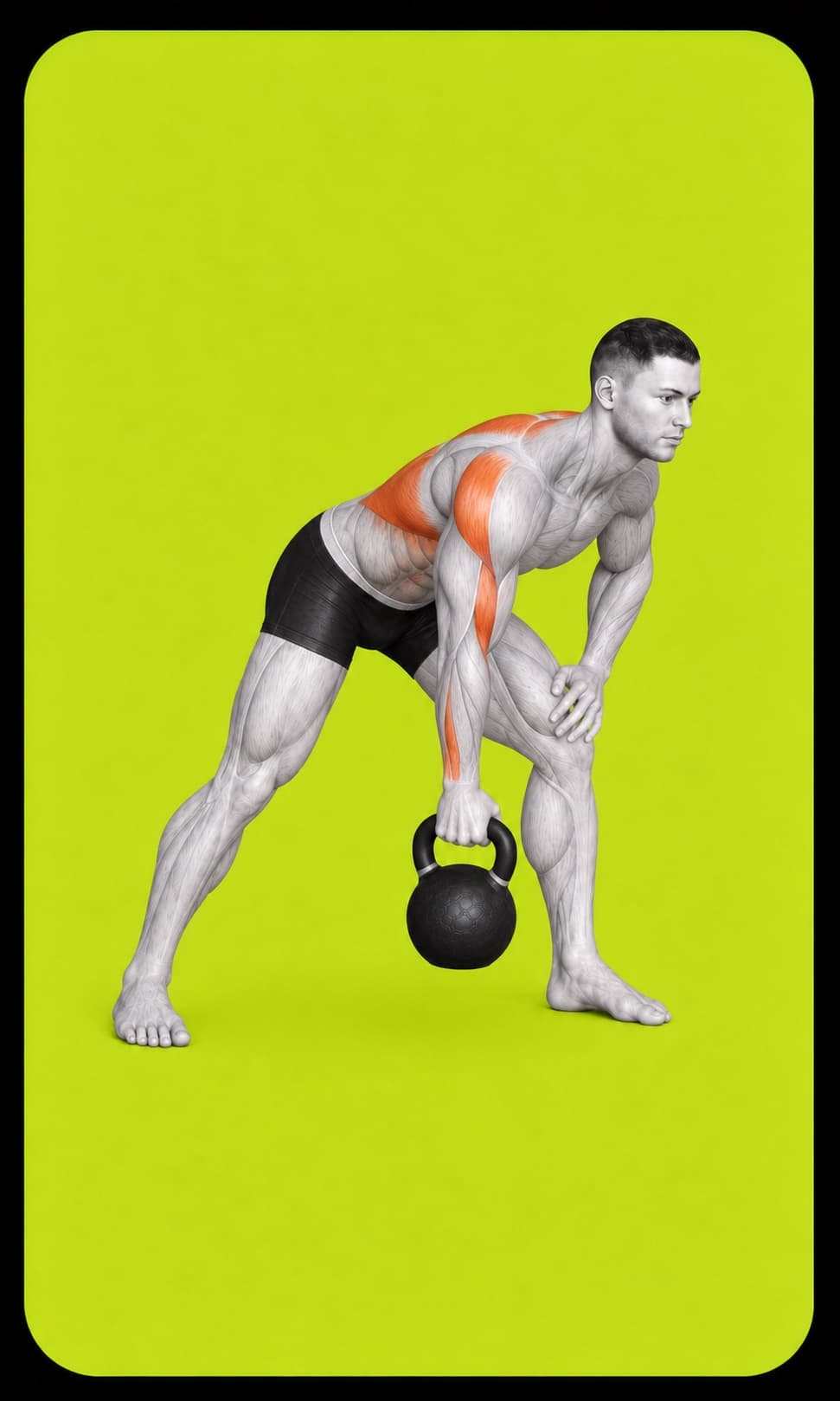 The supported long-spine starting position of a one-arm kettlebell row.