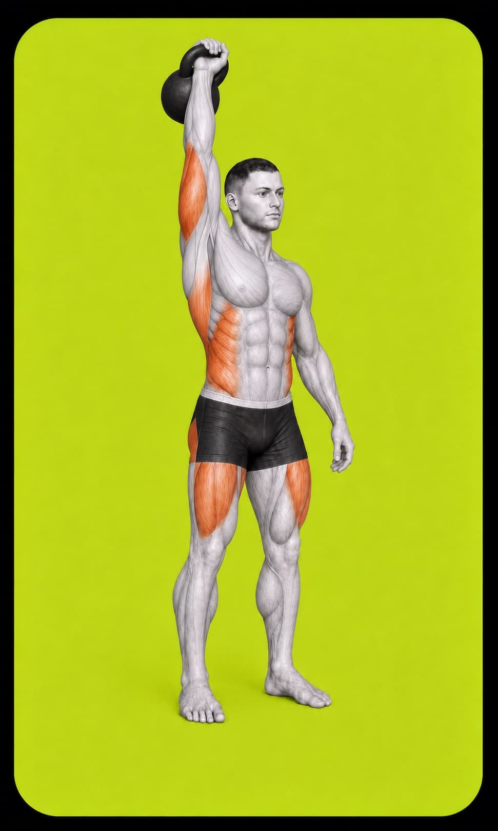 The overhead lockout position of a one-arm kettlebell push press.