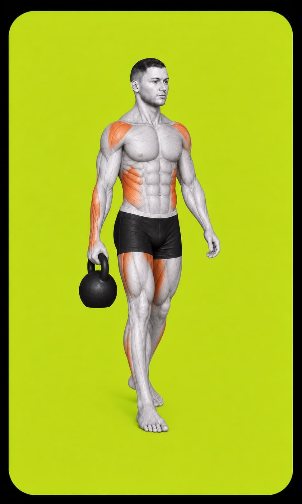 A tall, level suitcase carry with one kettlebell.